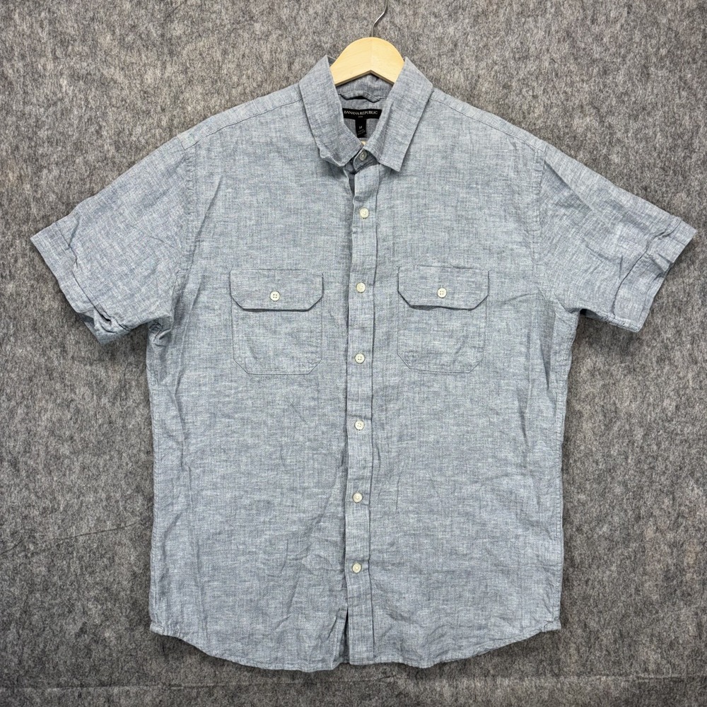 Banana Republic Linen Blend Short Sleeve Shirt Men's Medium Blue Gray